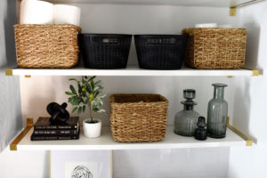 styled shelves in the laundry room