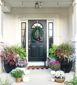 Fall Front Porch with Black front door - This is our Bliss