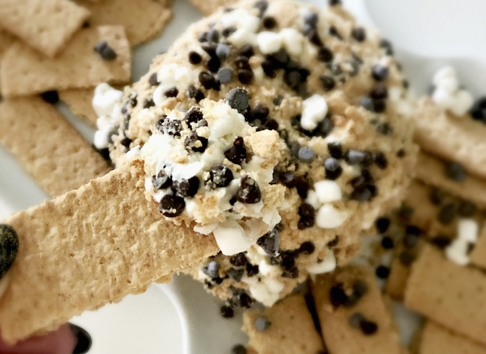 How to Make the Yummiest S'mores cheese Ball - a cream cheese dessert with graham crackers marshmallows and chocolate chips - the perfect fall treat! - This is our Bliss