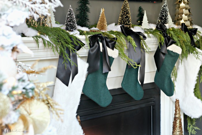 How to decorate a simple and elegant Christmas Mantel - green stockings with satin ribbon - This is our Bliss