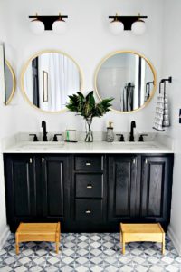 Neutral modern Shared Boys' Bathroom Reveal - black vanity with modern lights mosaic tile - This is our Bliss