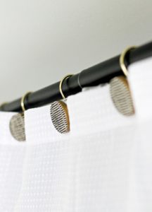 the details - textured black white and gold shower curtain hooks on black shower curtain rod - Boys Bathroom Remodel - This is our Bliss