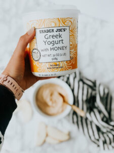 Peanut butter Yogurt dip with Trader Joe's Greek Yogurt with honey - healthy kid snack idea - This is our Bliss