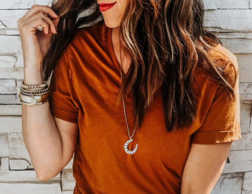 v neck tee shirt under $10 with gold accessories