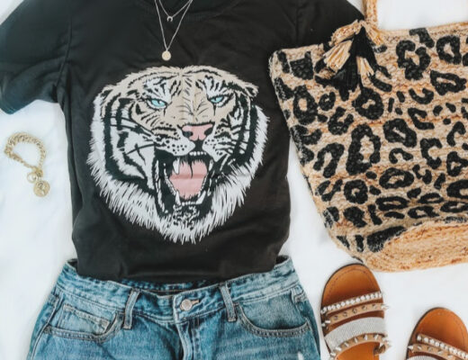 Easy Summer outfit idea - Graphic tee shirt - tiger t-shirt with jean shorts and leopard straw bag - This is our Bliss