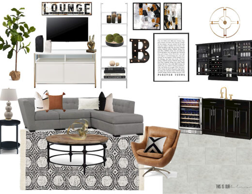Cozy Basement Family Lounge Area Design plans and mood board - $100 Room Challenge - This is our Bliss