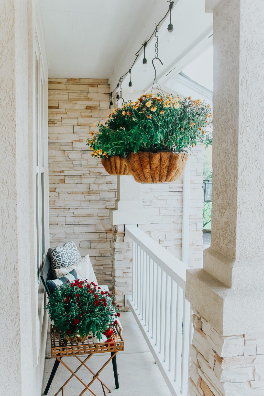 hanging mums in baskets on small front porch - Fall front porch ideas ...