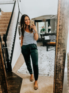 striped tee with olive green satin joggers and tory burch flats - This is our Bliss