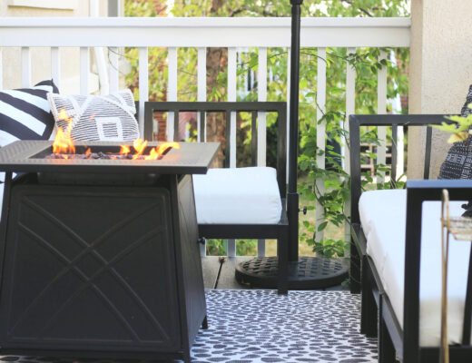 cozy back deck reveal with firepit table - neutral outdoor space - This is our Bliss