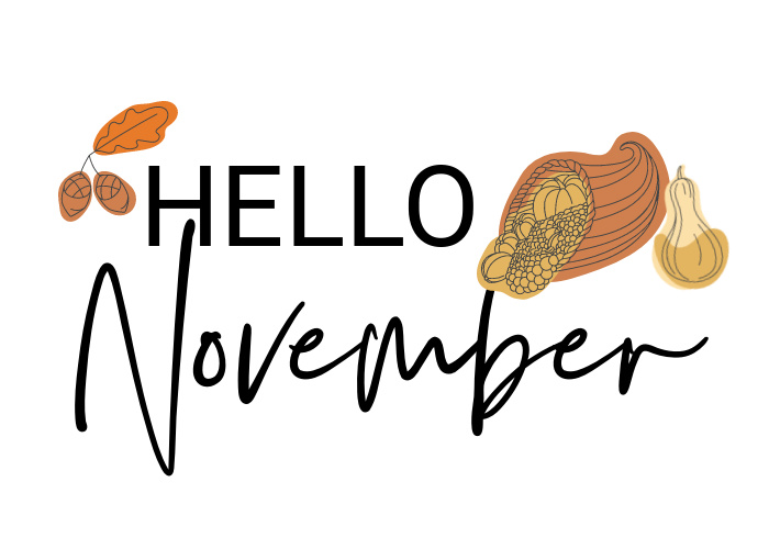 Hello November Free Printable art for Autumn with cornucopia acorn and squash - This is our Bliss #freeprintable #freeartprint #digitaldownloadart #thanskgivingart