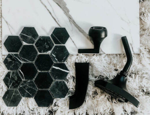 white ceramic tile with black hexagon shower niche tile - How to select coordinating bathroom tiles (1)