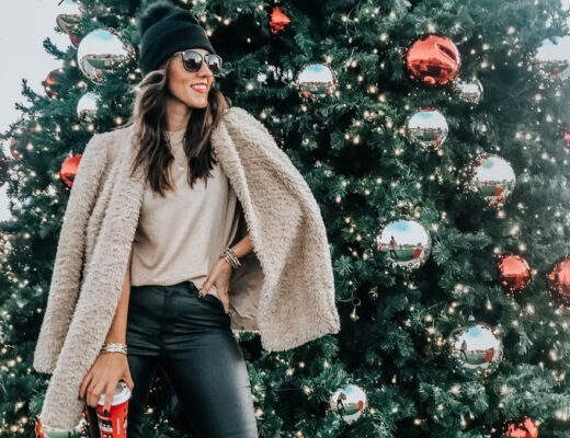 faux fur coat with black leather jeans - black coated jeggings with pom pom hat for the holidays - 12 days of Christmas style - This is our Bliss copy