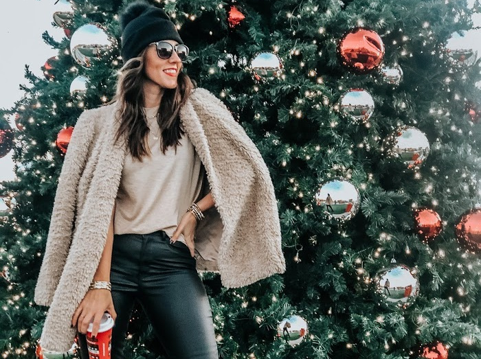faux fur coat with black leather jeans - black coated jeggings with pom pom hat for the holidays - 12 days of Christmas style - This is our Bliss copy