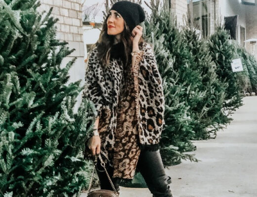 leopard poncho with black coated skinnies - nude booties - winter outfit ideas - holiday outfit ideas - This is our Bliss copy