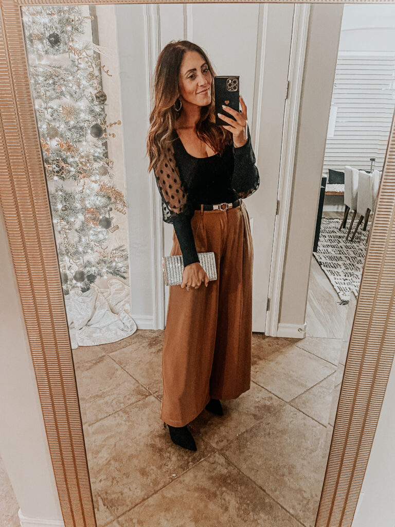holiday outfit idea with trousers & bodysuit - holiday dinner look from Amazon - This is our Bliss #holidayoutfitidea #trousers #amazonstyle #amaonfashion