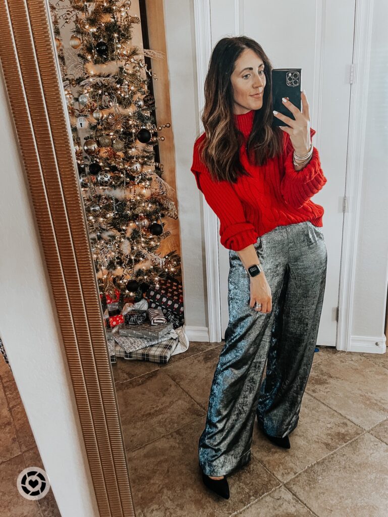 red sweater and metallic pants for the holidays - This is our Bliss