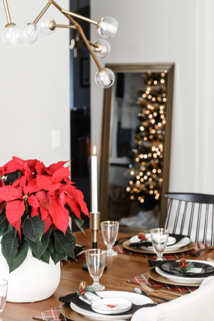 Red in the Dining Room for Christmas - This is our Bliss - Poinsettia & plaid Christmas table