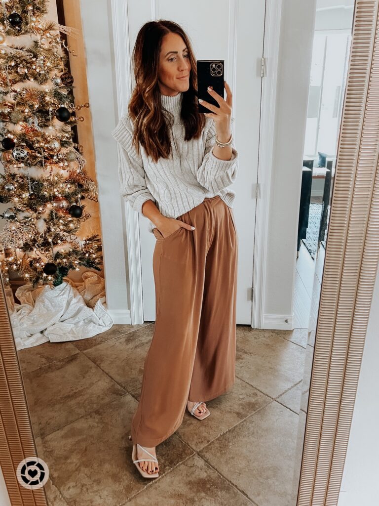 holiday look with trousers sweater and sparkly heels - easy holiday outfit idea - This is our Bliss