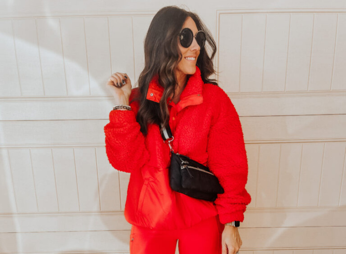 All red athleisure outfit - red leggings and red sherpa pullover - This is our Bliss