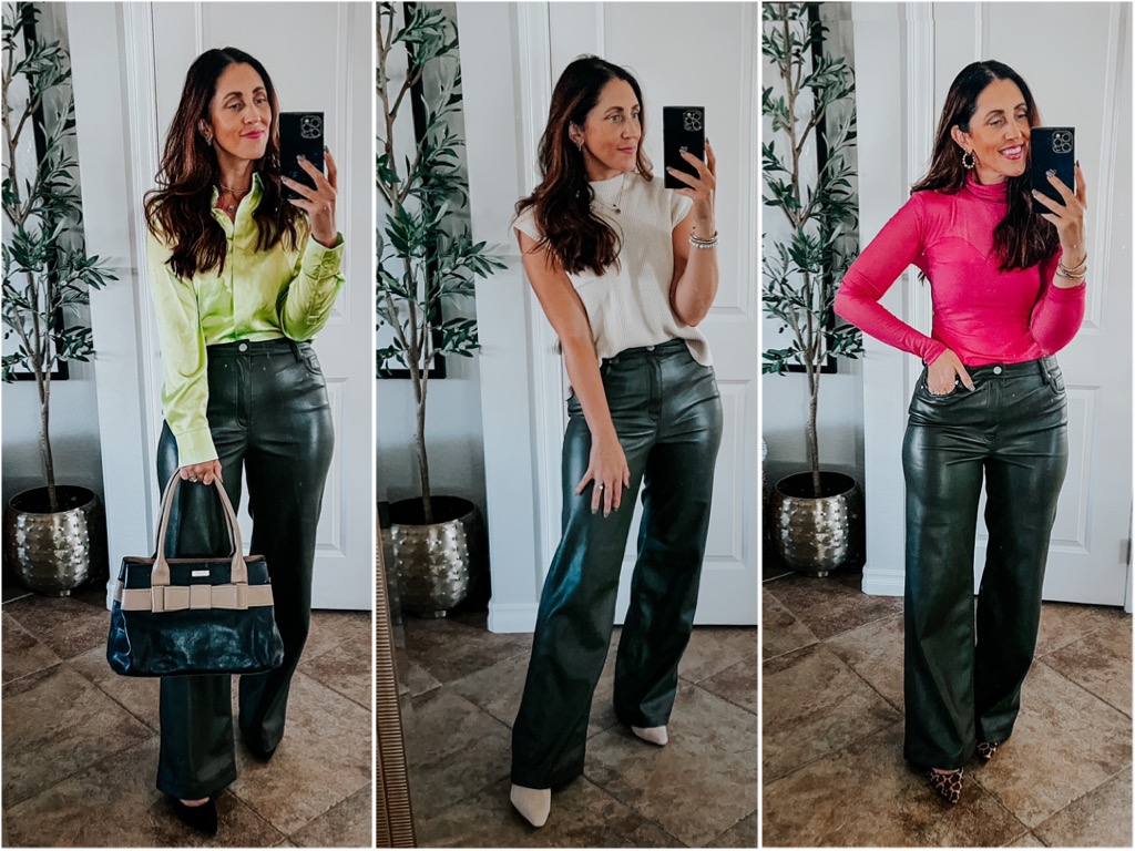 6 Ways // How to Wear Olive Green Faux Leather Pants - This is our