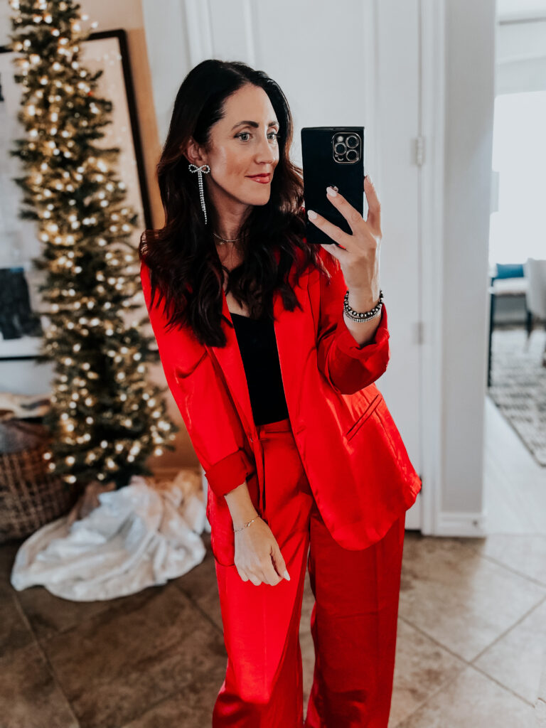 red satin blazer and red satin wide leg pants - Target holiday style - This is our Bliss #targetholidayoutfitidea