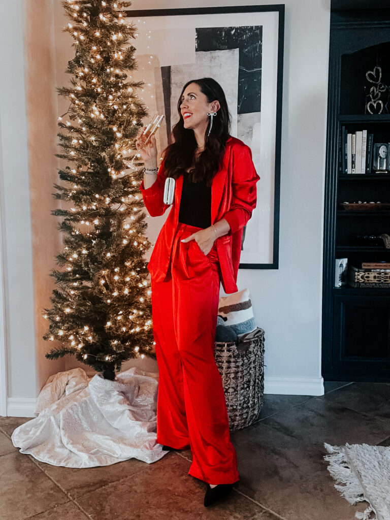 red satin blazer and red satin wide leg pants - Target holiday style - This is our Bliss