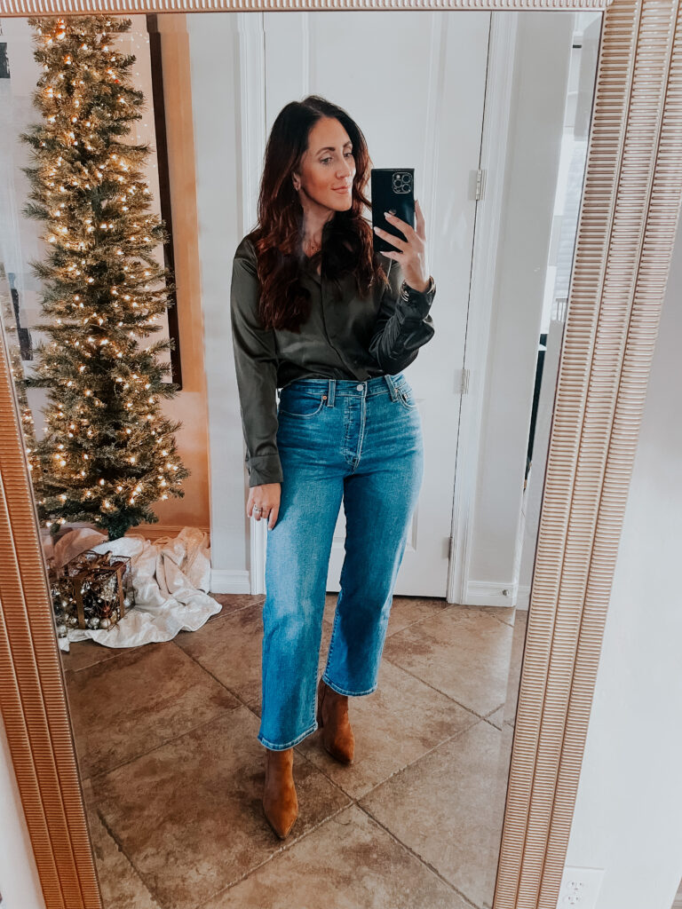 The friday five - what I wore on Thanksgiving - This is our Bliss - olive blouse and straight leg jeans