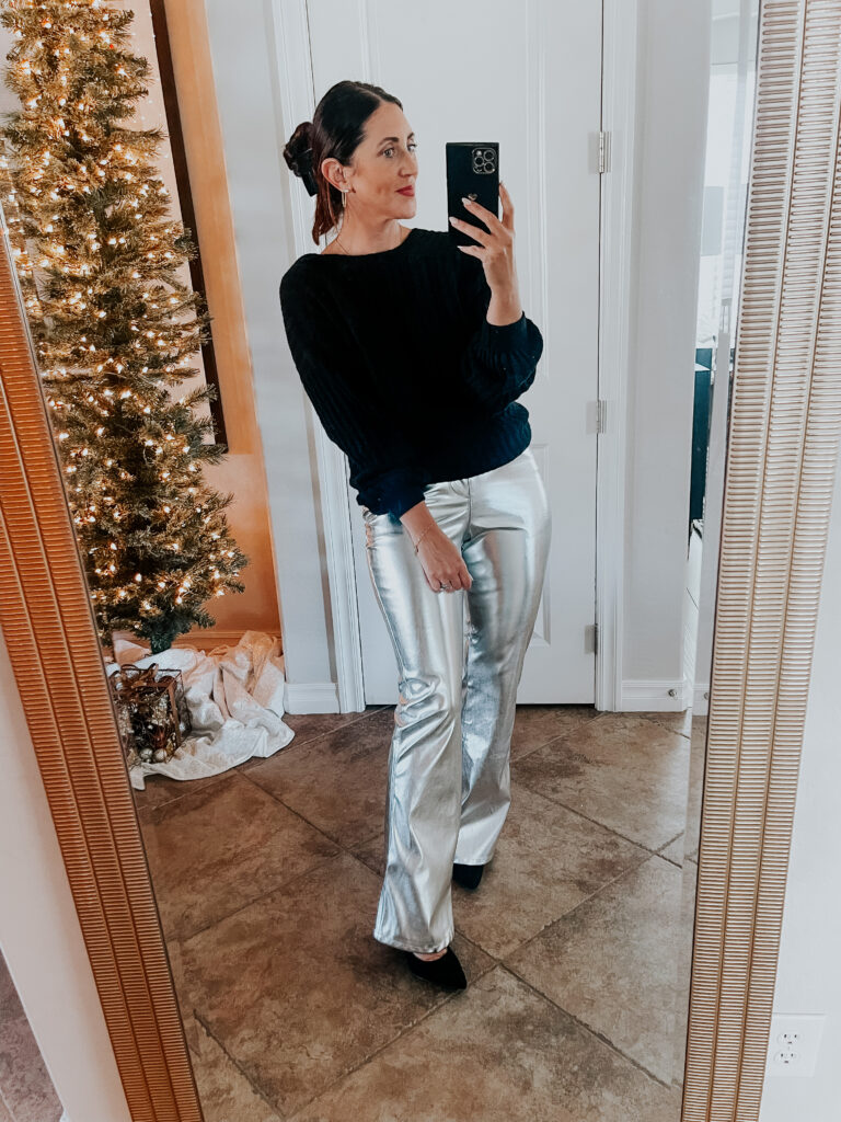 target metallic silver flare pants with black sweater - target holiday style - This is our Bliss