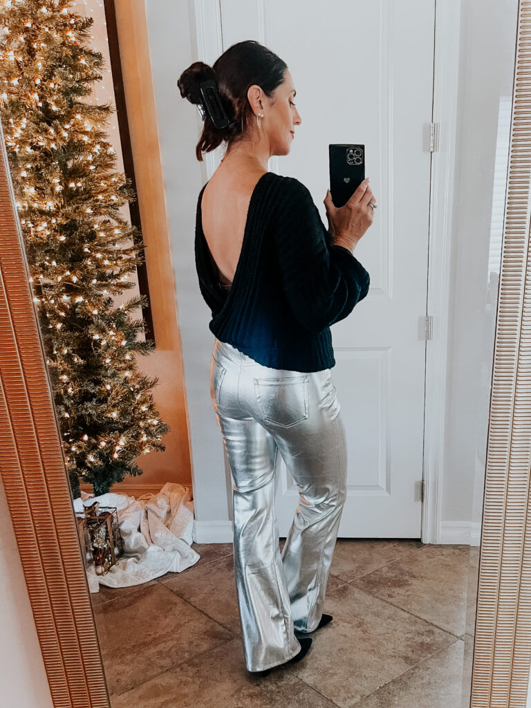 target metallic silver flare pants with black sweater - target holiday style - This is our Bliss