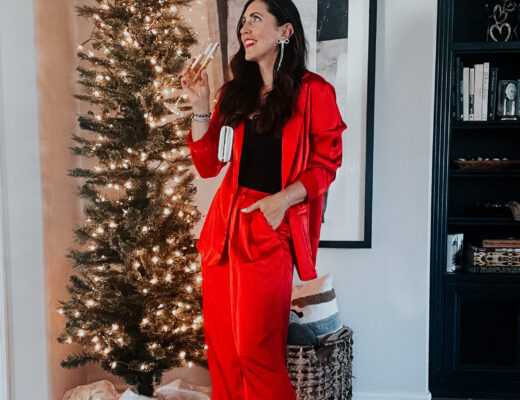 red satin blazer and red satin wide leg pants - Target holiday style - This is our Bliss #targetholidayoutfitidea