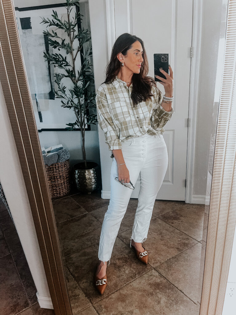 plaid and white jeans - This is our Bliss