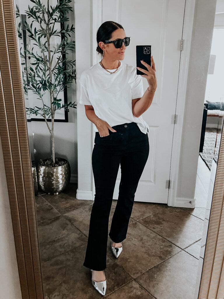 black flare jeans and white tee - This is our Bliss