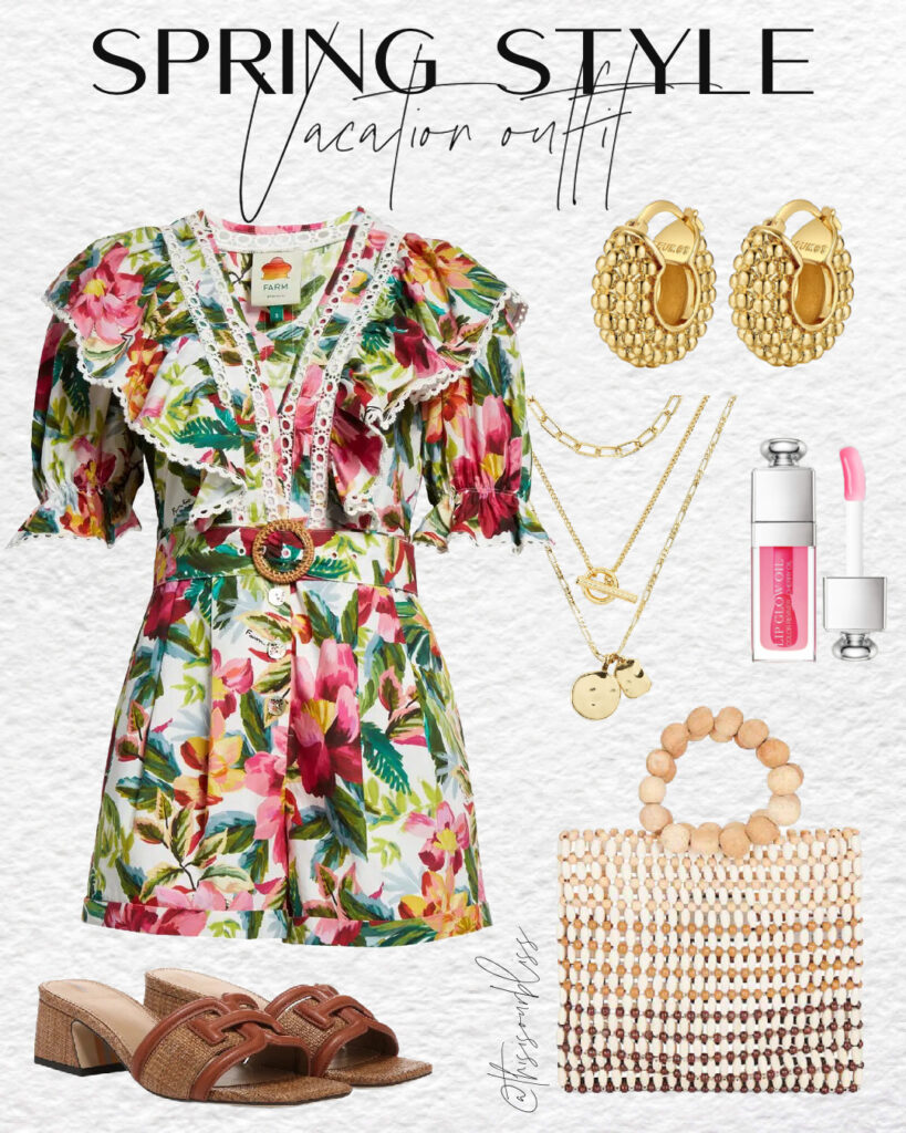 Vacation outfit idea - Spring style inspo - floral romper and accessories - This is our Bliss