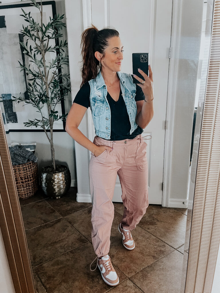 pink cargo pants with Nike dunks - casual outfit idea for Spring - This is our Bliss