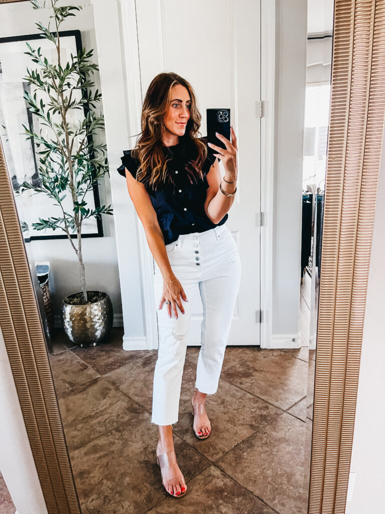 black ruffle blouse with white jeans - Walmart late Spring Haul - This is our Bliss #walmartfashion