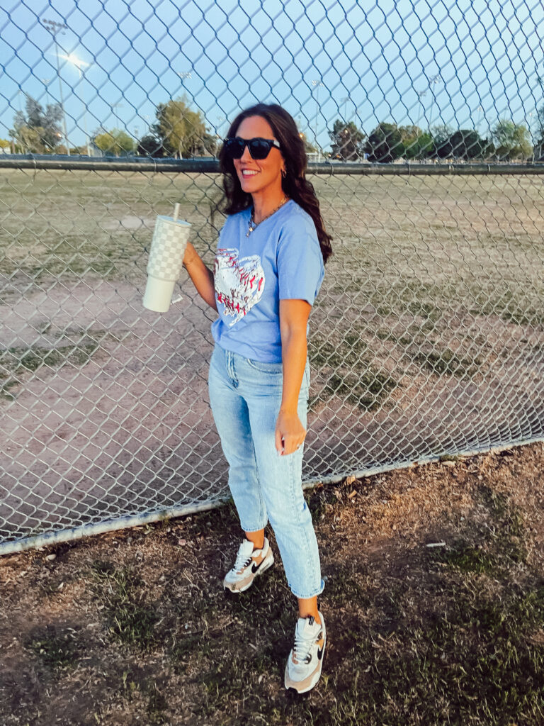 baseball heart tee and jeans - real life baseball mom outfit idea - This is our Bliss