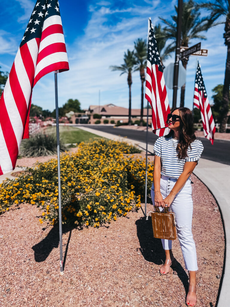 blue & white striped top with statement sleeves - 4th of July outfit ideas - This is our Bliss #shopavara #4thofjulystyle