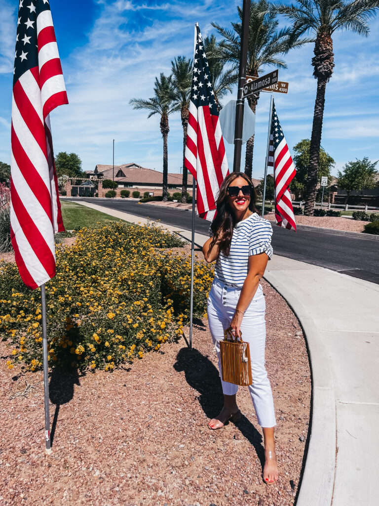 blue & white striped top with statement sleeves - 4th of July outfit ideas - This is our Bliss #shopavara #4thofjulystyle