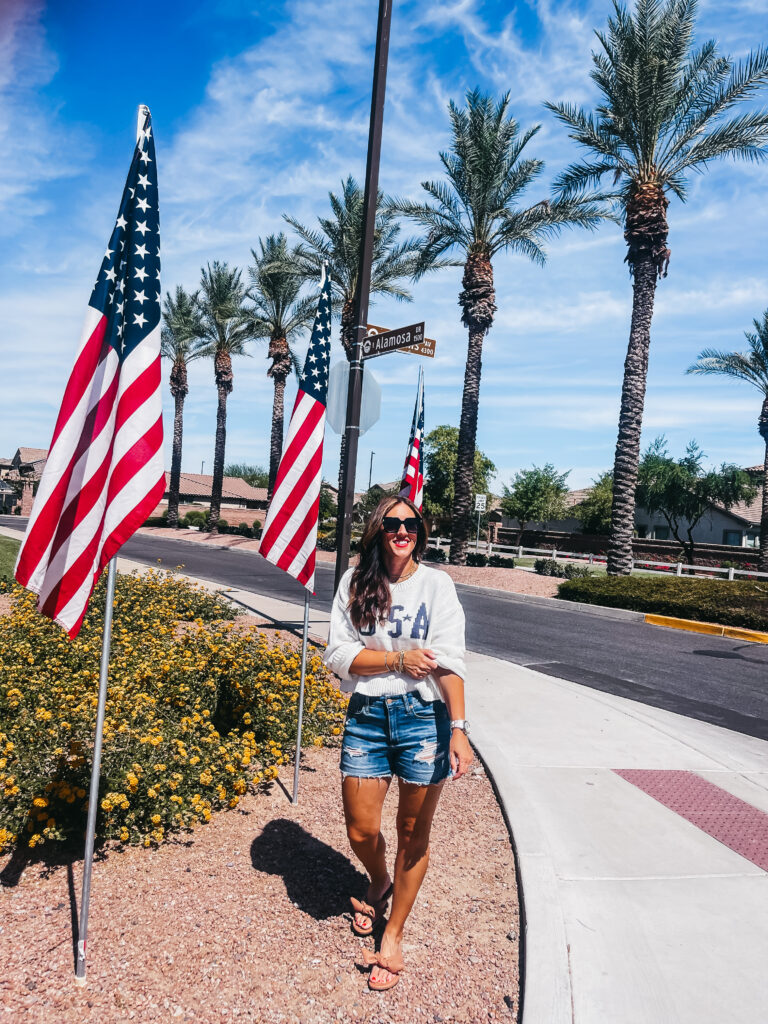 4th of July outfit ideas - USA sweater & jean shorts for the fourth - This is our Bliss #4thofjulystyle