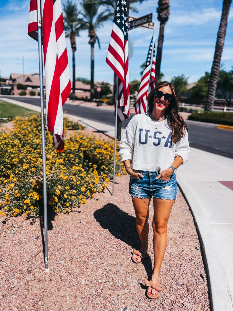 4th of July outfit ideas - USA sweater & jean shorts for the fourth - This is our Bliss #4thofjulystyle