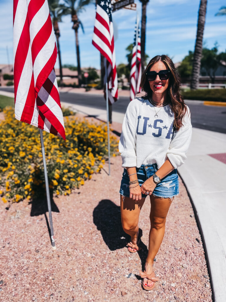 4th of July outfit ideas - USA sweater & jean shorts for the fourth - This is our Bliss #4thofjulystyle