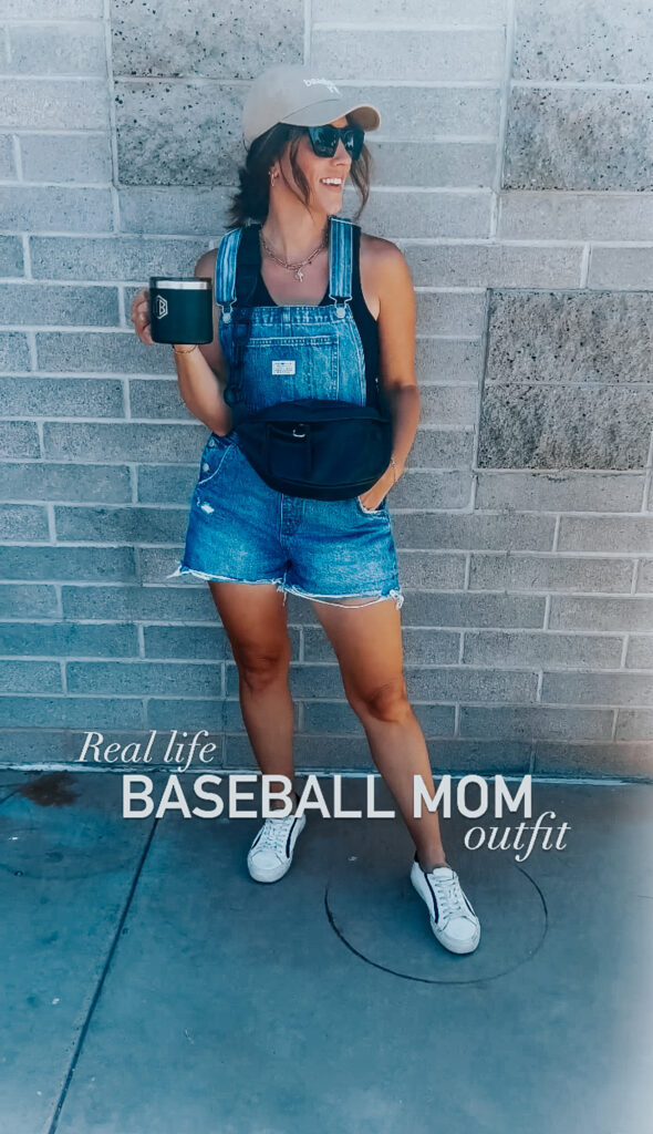 overalls and tank - real life baseball mom outfit idea - This is our Bliss