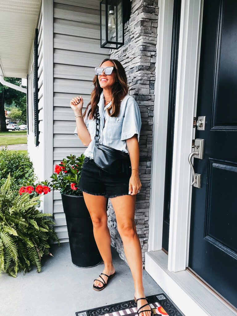 short sleeve denim shirt jacket with black denim shorts - This is our Bliss - Summer outfit idea