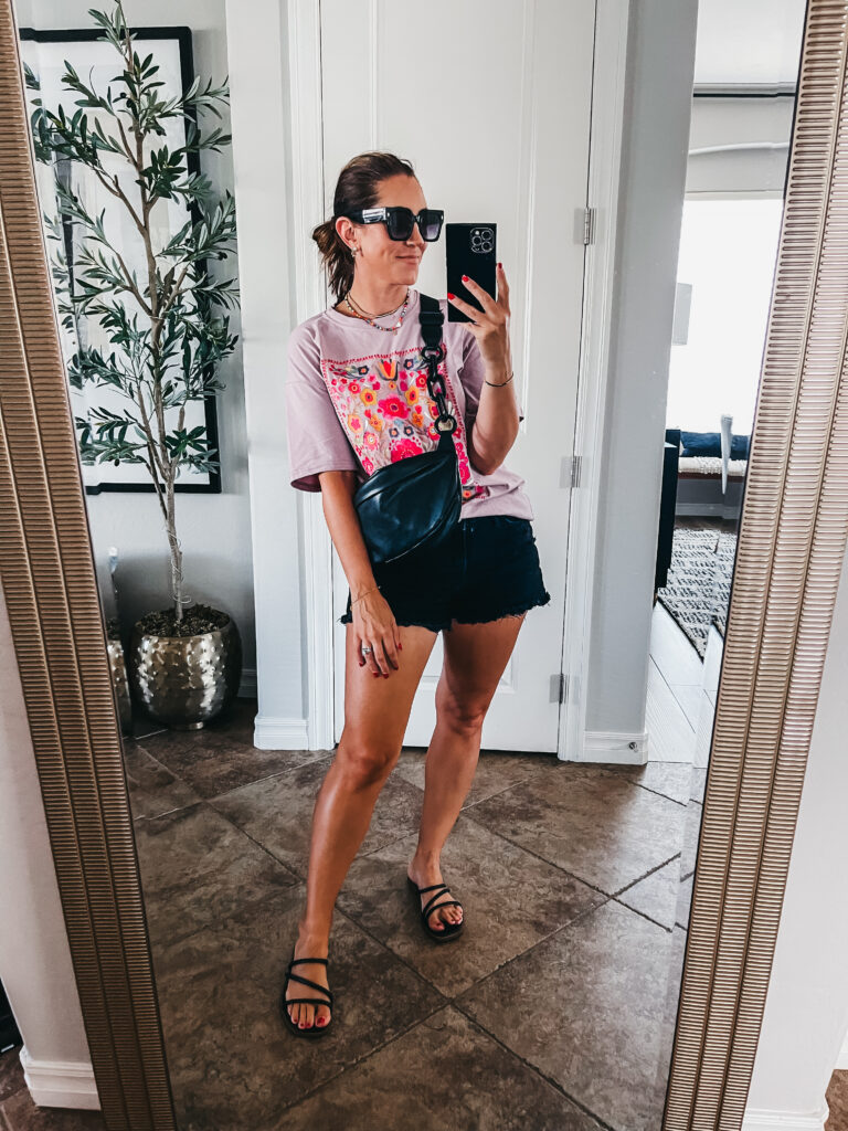 floral graphic tee and black denim shorts - casual summer outfit idea - This is our Bliss