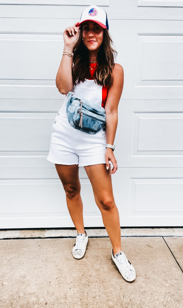 white short overalls with red tank & sneakers - casual Summer outfit idea - This is our Bliss