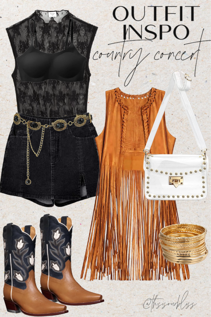 What to wear to a country concert - country concert outfit inspo - country concert style guide - denim skort & fringe vest -This is our Bliss