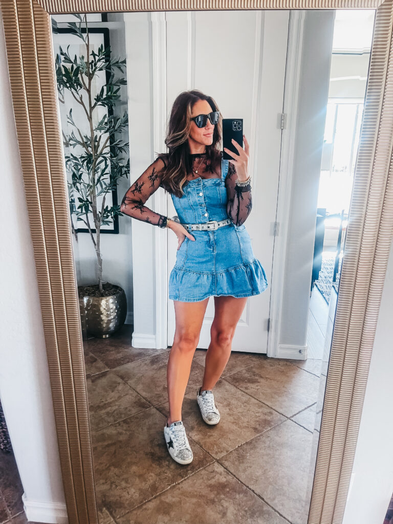 denim dress with lace top and sneakers - This is our Bliss #concertoutfit