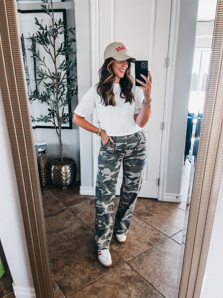 camo pants with white tee and sneakers -how to wear camo pants - how to style wide leg camo pants - This is our Bliss #camopants #viralpants #cargopants #walmartfashion