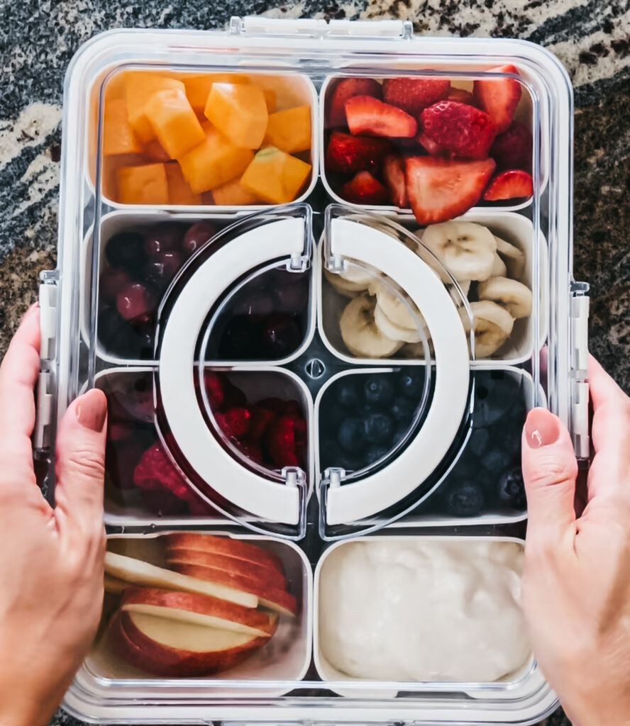 snacklebox with fresh fruit and yogurt dip for the kids - This is our Bliss