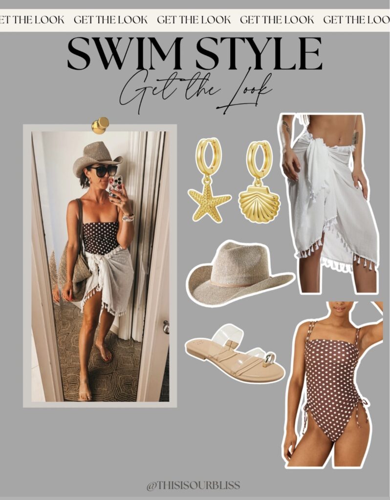 coastal cowgirl look with sparkly cowboy hat and polka dot suit with sarong and clear sandals - This is our Bliss - what I packed and wore in maui